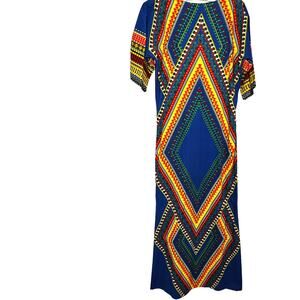 Vintage African Dashiki Boho Maxi Kaftan Blue Yellow Green Dress Medium Large XL